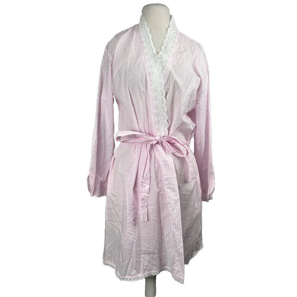 Eileen West Short Pink Gingham Robe Small Medium S/M NWOT Lace Cottagecore